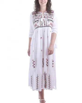 Rochie traditionala maxi alba cu motiv floral multicolor Paula