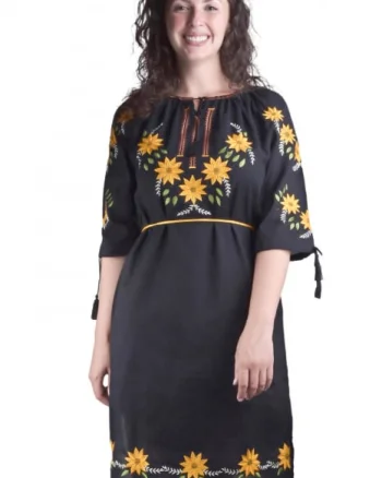 Rochie traditionala midi neagra cu motiv floral galben Smaranda