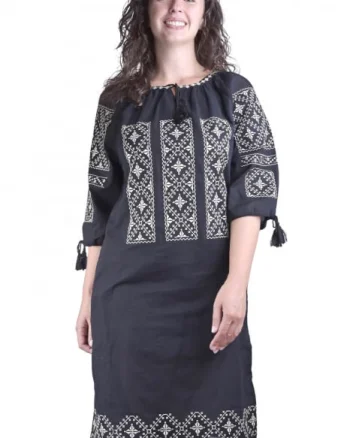 Rochie traditionala midi neagra cu motiv geometric crem Tereza