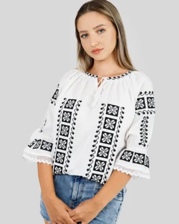Ie traditionala alba cu motiv geometric negru Antoanela