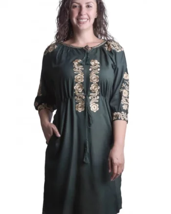 Rochie traditionala midi verde cu motiv floral auriu Elena