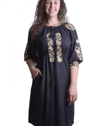 Rochie traditionala midi neagra cu motiv floral auriu Madalina