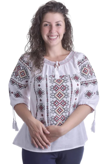 Ie traditionala alba cu motiv geometric multicolor Dorina 03