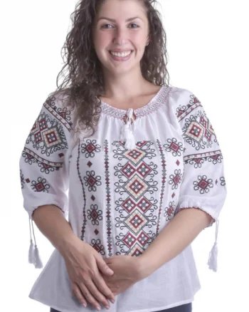 Ie traditionala alba cu motiv geometric multicolor Dorina 03