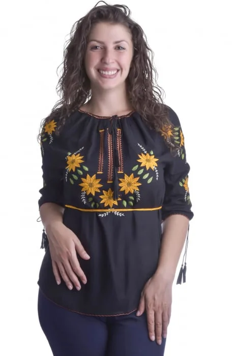 Bluza neagra cu motiv floral galben Aliona 02
