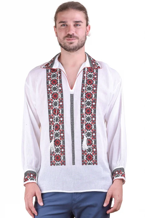 Camasa barbateasca traditionala alba cu motiv floral rosu Gabriel 01