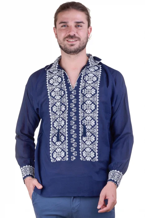 Camasa barbateasca traditionala albastra cu motiv floral alb Bogdan 02
