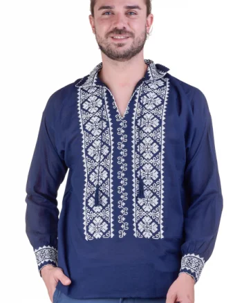 Camasa barbateasca traditionala albastra cu motiv floral alb Bogdan 02