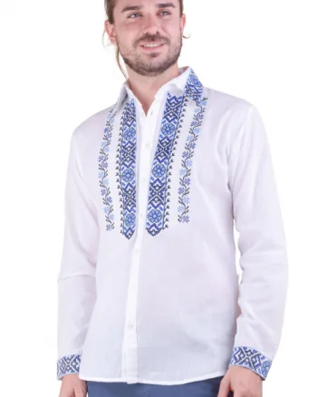 Camasa barbateasca traditionala alba cu motiv floral albastru Ioan 02