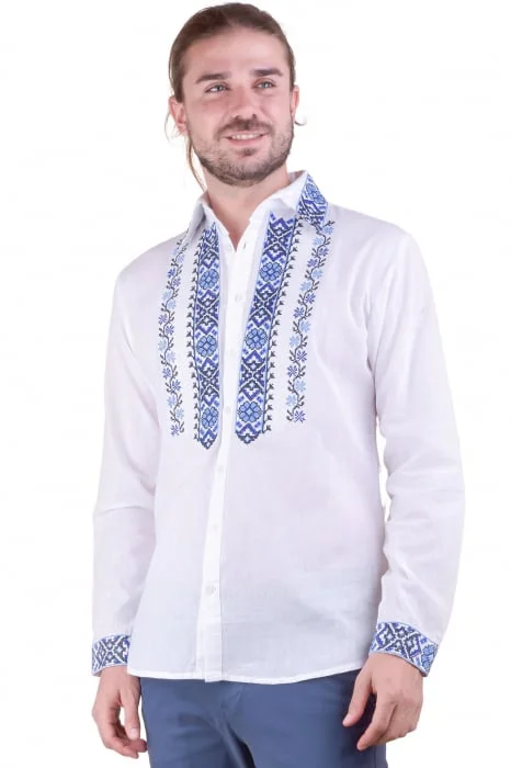 Camasa barbateasca traditionala alba cu motiv floral albastru Ioan 02
