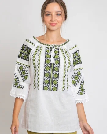 Ie traditionala alba cu motiv geometric verde Nadina