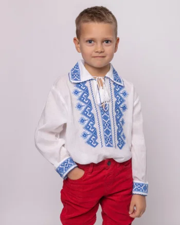 Camasa traditionala de baieti alba cu motiv geometric albastru Alexandru 01