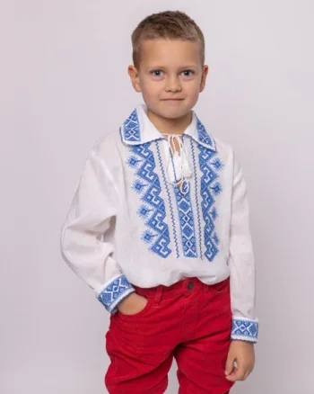 Camasa traditionala de baieti alba cu motiv geometric albastru Alexandru 01