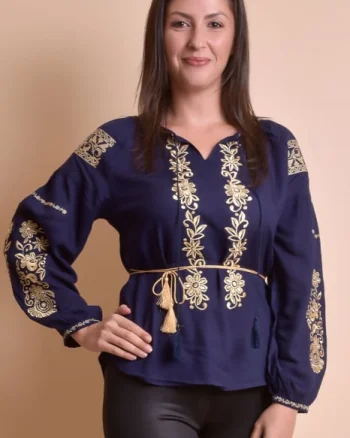Bluza albastra cu motiv floral auriu Otilia 02
