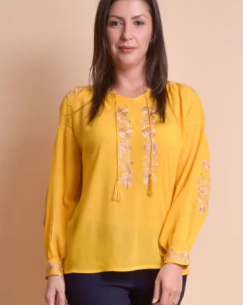 Bluza galbena cu motiv floral auriu Iasmina 07 - maneca lunga