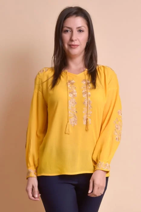 Bluza galbena cu motiv floral auriu Iasmina 07 - maneca lunga