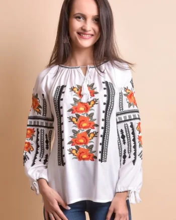 Ie traditionala alba cu motiv floral portocaliu Margareta