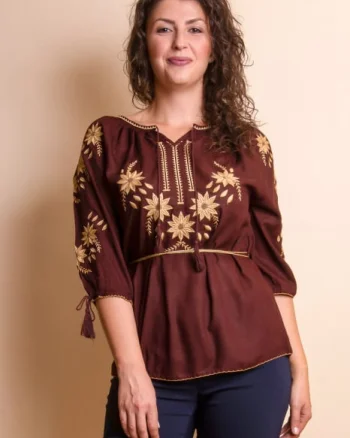 Bluza maro cu motiv floral auriu Aliona 03