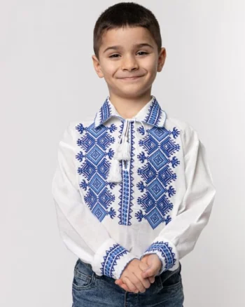 Camasa traditionala de baieti alba cu motiv geometric albastru Raul