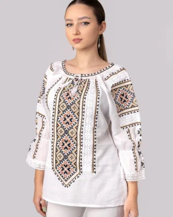 Ie traditionala alba cu motiv geometric crem Paraschiva 03