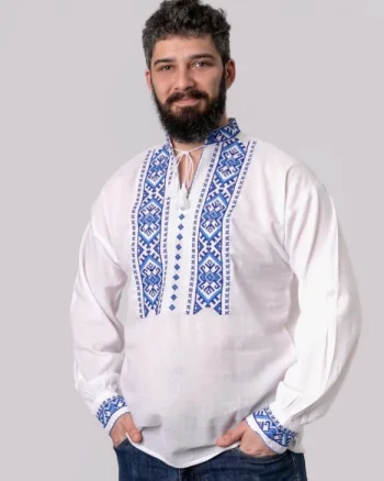 Camasa barbateasca traditionala alba cu motiv geometric albastru Carol 02