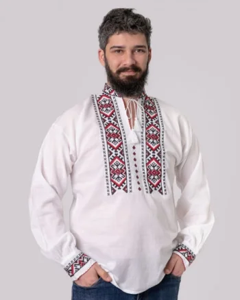 Camasa barbateasca traditionala alba cu motiv geometric rosu Carol 01