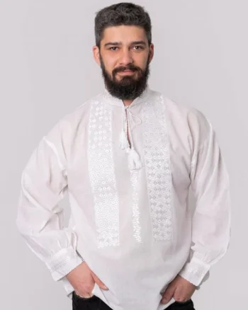 Camasa barbateasca traditionala alba cu motiv geometric alb Iacob 01