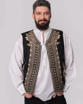 Vesta traditionala neagra cu broderie geometrica crem Paul