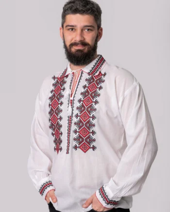 Camasa barbateasca traditionala alba cu motiv geometric rosu Ivan 01