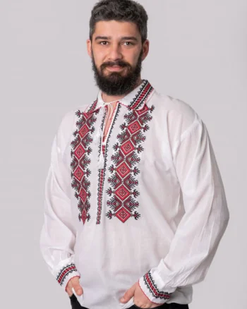 Camasa barbateasca traditionala alba cu motiv geometric rosu Ivan 01