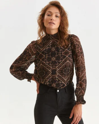 Bluza cu maneci bufante si imprimeu mandala maro