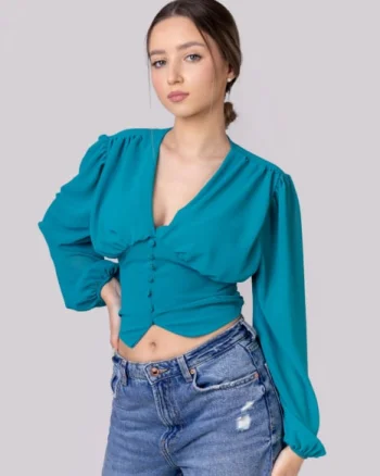 Bluza turcoaz cu maneci bufante