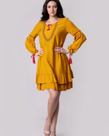 Rochie galben mustar boho chic cu volane si maneca lunga