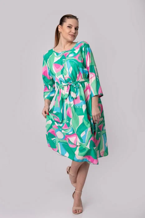 Rochie office verde cu imprimeuri geometrice roz si cordon in talie