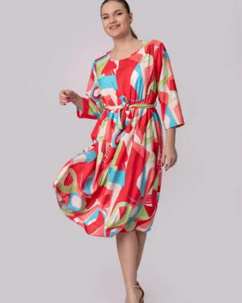 Rochie office rosie cu imprimeuri geometrice albastre si cordon in talie