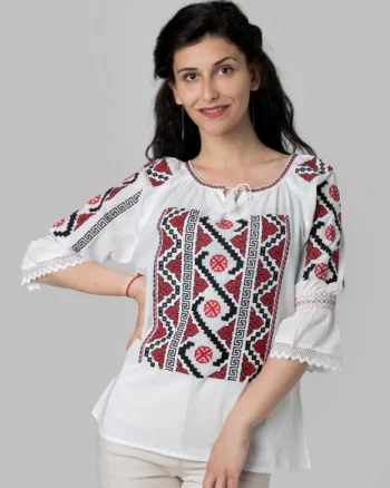 Ie traditionala alba cu motiv geometric rosu Malvina 03