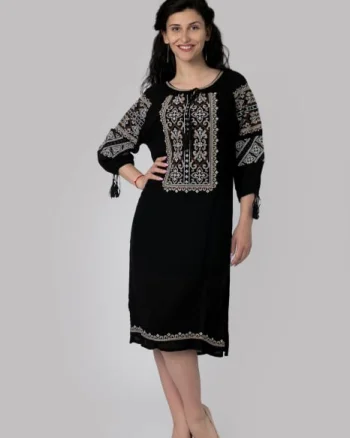 Rochie traditionala midi neagra cu motiv floral crem Tamara