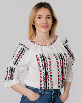 Ie traditionala alba cu motiv geometric multicolor Rania