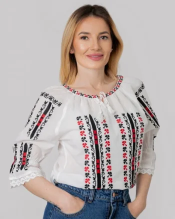 Ie traditionala alba cu motiv geometric multicolor Rania