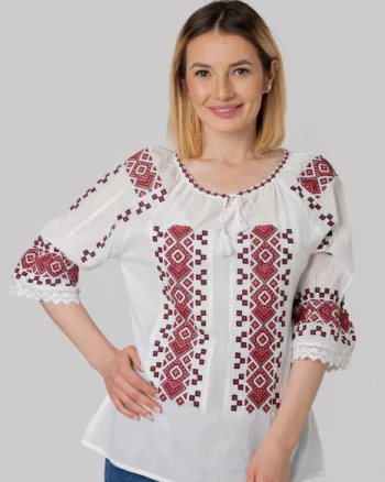 Ie traditionala alba cu motiv geometric rosu Xenia