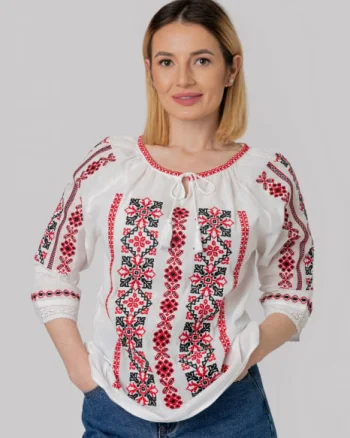 Ie traditionala alba cu motiv geometric rosu Sara 01