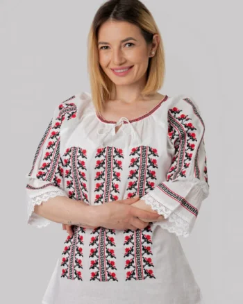Ie traditionala alba cu motiv floral rosu Anais