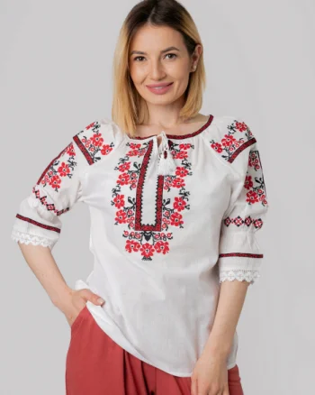 Ie traditionala alba cu motiv floral rosu Maia