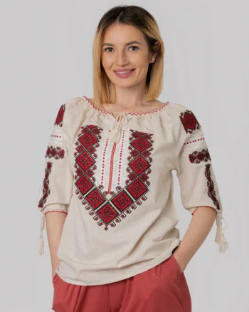 Ie traditionala crem cu motiv geometric rosu Amina