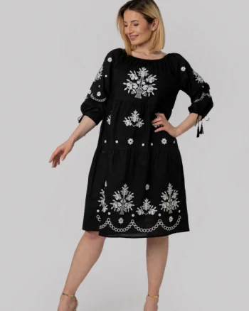 Rochie traditionala midi neagra cu motiv floral alb Mara