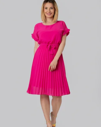 Rochie plisata ciclam cu cordon in talie