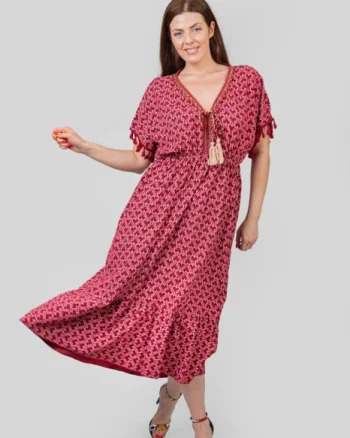 Rochie rosie cu ciucuri si model mandala