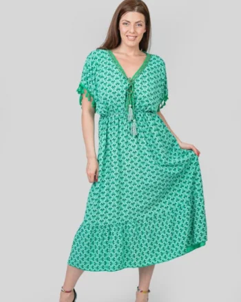 Rochie verde cu ciucuri si model mandala