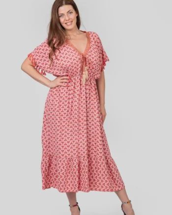 Rochie roz somon cu ciucuri si model mandala
