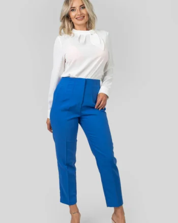 Pantaloni albastri cu talie inalta si cusaturi decorative